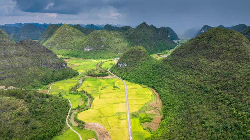 Time-lapse of rice fields and terraces in Qiannan, Guizhou, China, in the karst mountains