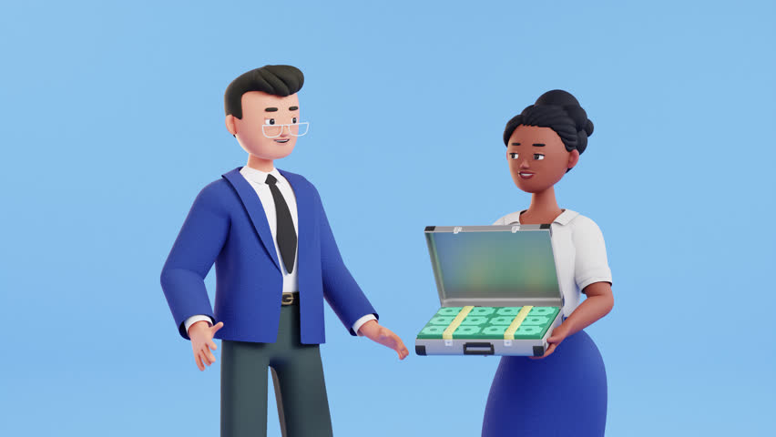 Woman presents a briefcase full of money to a shocked happy man. 3d loop animation. Dollar bills, cash stacks. earn money, win, income concept. financial offer motion design