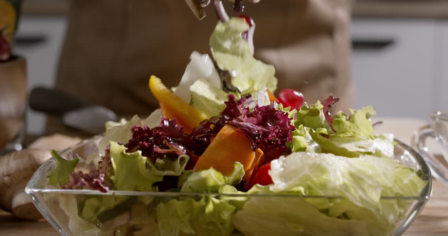 Close Up Of Healthy Fresh Salad Made With Seasonal Vegetables, Leafy Greens, Organic Ingredients, Vibrant Mediterranean Dish, Preparing Food For Wellness, Nutritious And Clean Eating Lifestyle