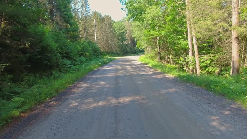 Beautiful summer view of gravel road weaving through Canadian forests. Scenic passenger POV back plate while travel by camper van. Driving plate road trip along dirt road from motorized RV, Canada.