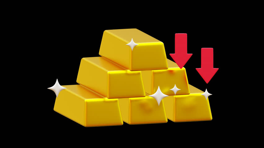 Gold Bars Price Decrease. Rising Gold Bars with Red Down Arrows and Sparkles animation