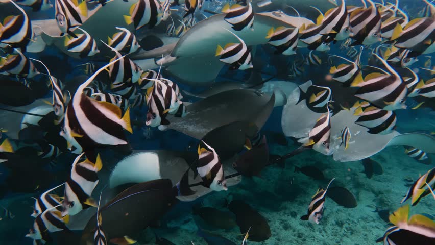 Large group of stingrays glide through the water surrounded by schools of butterfly fish move around them. 