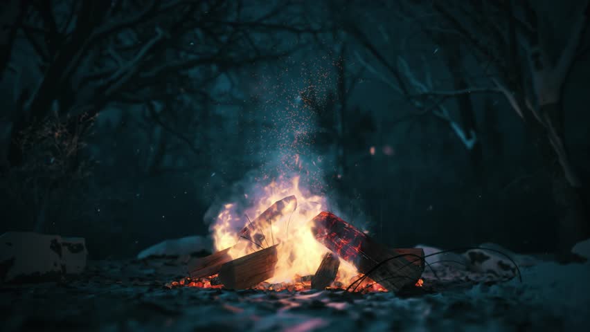 Burning fire in the winter forest. Firepit at night in forest. Burning branches in the fire. Bright flame of burning bonfire in dark forest.  Bonfire in a snowy forest