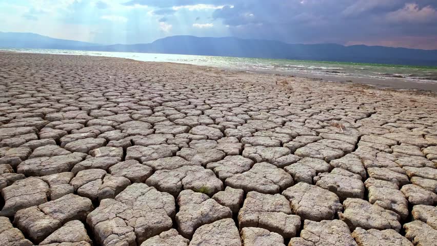 A completely dried and cracked lakebed due to drought. The parched earth vividly showcases the effects of climate change. A powerful image for natural disasters and environmental sustainability.