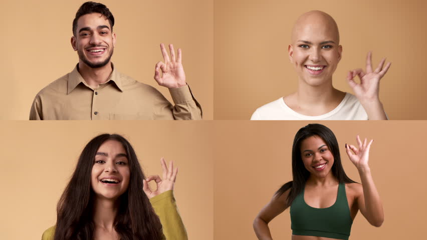 A collection of four individuals of various backgrounds making an okay gesture with their hands. They showcase diversity in appearance and style, highlighting positivity and connection.