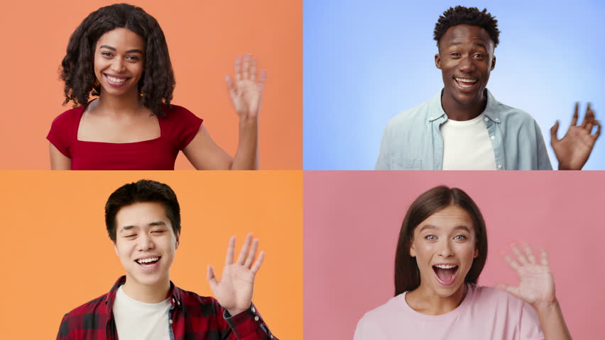 Four individuals from different backgrounds greet warmly with hand waves against vibrant backgrounds. Each person expresses joy and friendliness, showcasing diversity.