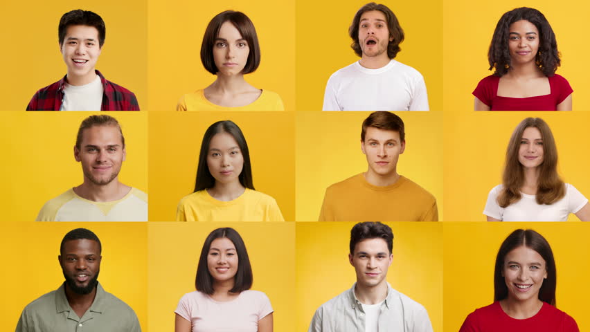 A collection of diverse individuals show the okay gesture, each with unique expressions and styles. The bright yellow background enhances the lively atmosphere, promoting inclusivity and positivity.