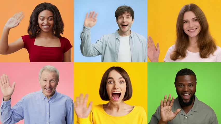 A cheerful collage featuring a diverse group of individuals joyfully waving hello. Each person displays happiness and positivity against vibrant, solid backgrounds.