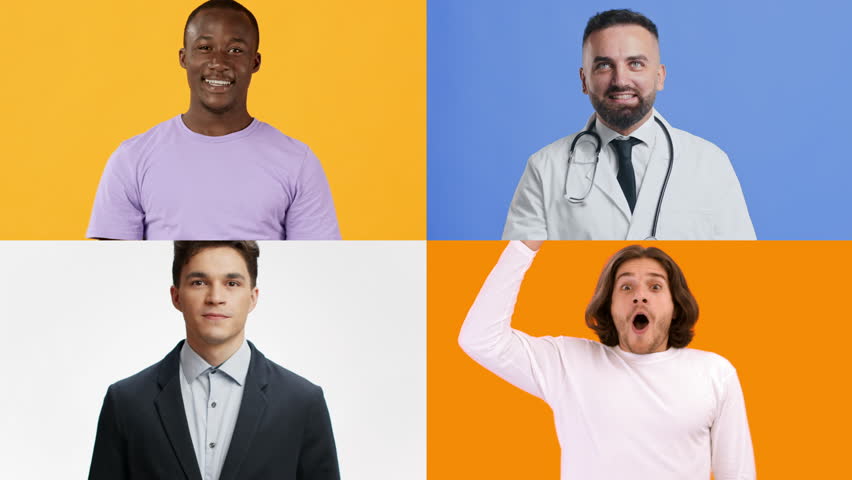 Four men express their excitement and happiness with fist pumps and cheers. Each individual showcases a unique ambiance, emphasizing a moment of triumph and joy against bright, colorful backgrounds.