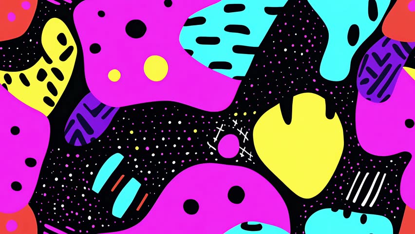 Seamless looping cartoon pop-art animation with bright pink, blue, and yellow shapes on black. Fun, dynamic, and trendy retro-style pattern. Diagonal motion