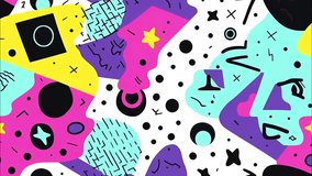 Abstract, colorful cartoon seamless looped background 80s-inspired shapes and patterns, Memphis style retro pop art design. Diagonal motion  - Powered by Shutterstock - Get 15% off with code: PIKWIZARD15