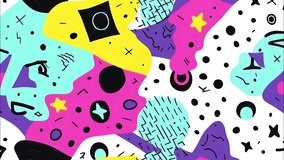 Abstract, colorful cartoon seamless looped background 80s-inspired shapes and patterns, Memphis style retro pop art design. Spin motion  - Powered by Shutterstock - Get 15% off with code: PIKWIZARD15