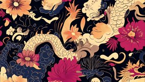 Asian style seamless looped background with flowers, dragons and clouds, dark colors gamma, hand-drawn lines, and a colorful ink painting aesthetic. Vertical motion - Powered by Shutterstock - Get 15% off with code: PIKWIZARD15