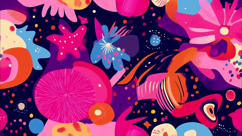 A vibrant and colorful pattern abstract cartoon floral seamless looped pattern background, dark purple and pink color scheme, vertical motion