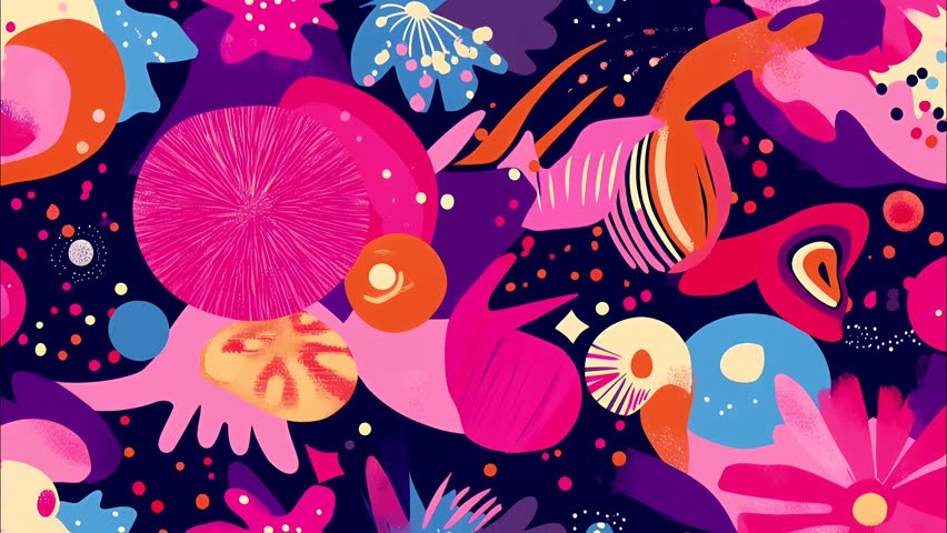 A vibrant and colorful pattern abstract cartoon floral seamless looped pattern background, dark purple and pink color scheme, vertical motion