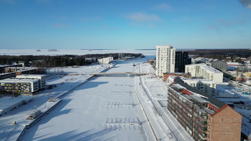 Aerial view of Toppilansalmi in wintertime, Oulu Finland