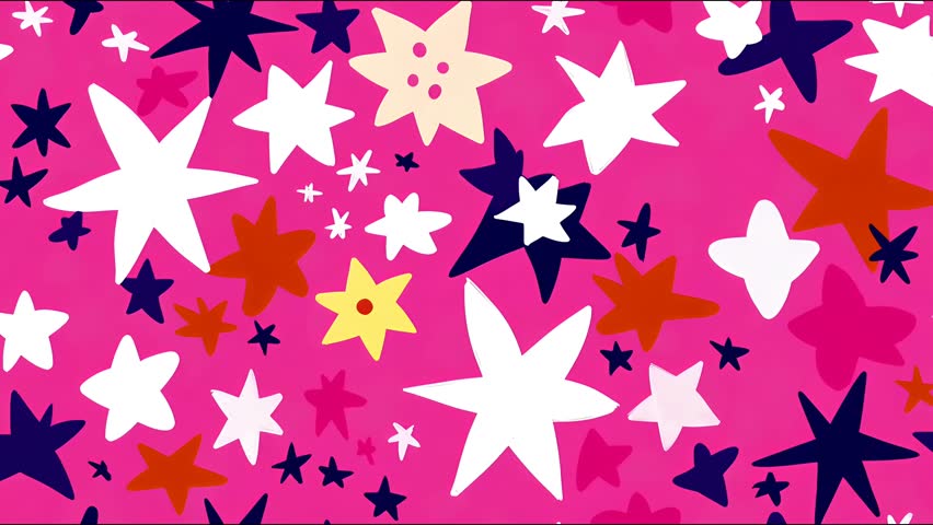Cartoon children's book art style hand-drawn stars pattern seamless looped background, flat 2d style graphics, pink color gamma