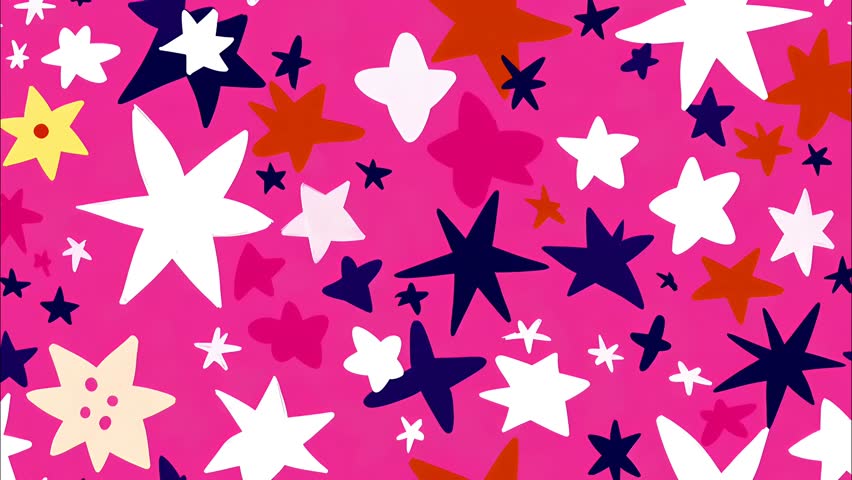 Cartoon children's book art style hand-drawn stars pattern seamless looped background, flat 2d style graphics, pink color gamma, spin motion
