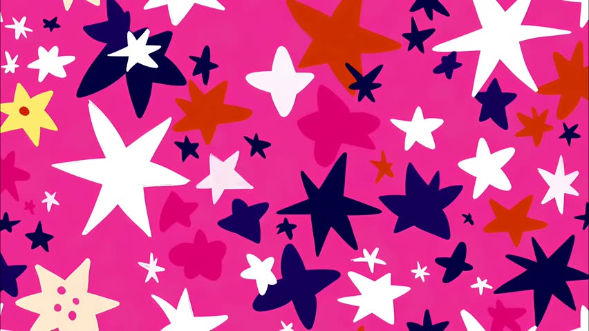 Cartoon children's book art style hand-drawn stars pattern seamless looped background, flat 2d style graphics, pink color gamma, vertical motion