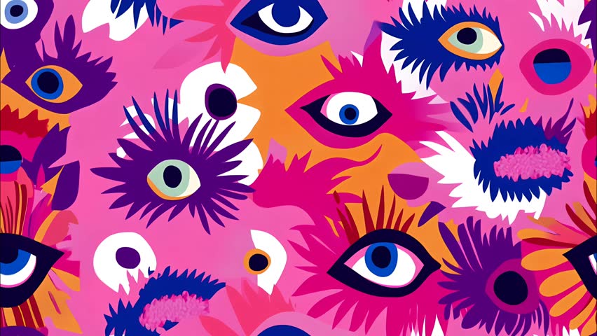 Abstract psychedelic flat 2d cartoon style eyes pattern seamless looped background, pink color gamma, horizontal motion