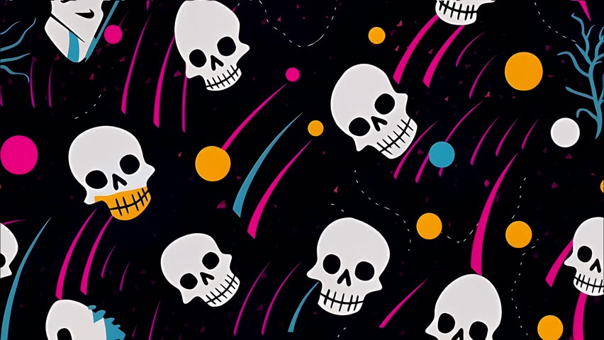 Simple 2d flat style cartoon skulls and colorful ribbons seamless looped pattern background. Dark color gamma, Halloween vibe 