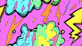 Abstract 90s style pop-art cartoon lightning bolts and clouds with stars pattern seamless looped background, cell-shading animation, psychedelic comics vibe, diagonal motion - Powered by Shutterstock - Get 15% off with code: PIKWIZARD15