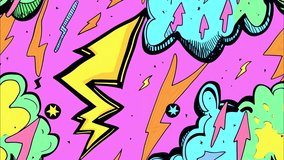 Abstract 90s style pop-art cartoon lightning bolts and clouds with stars pattern seamless looped background, cell-shading animation, psychedelic comics vibe, vertical motion - Powered by Shutterstock - Get 15% off with code: PIKWIZARD15