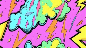 Abstract 90s style pop-art cartoon lightning bolts and clouds with stars pattern seamless looped background, cell-shading animation, psychedelic comics vibe, spin motion - Powered by Shutterstock - Get 15% off with code: PIKWIZARD15