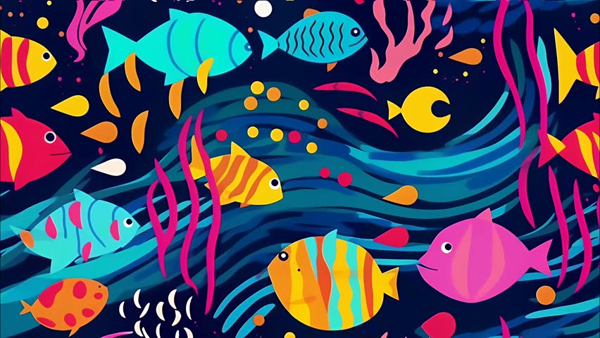 A vibrant cartoon sea underwater world pattern featuring colorful fish, coral reefs, and seaweed in a flat design children's book style. Seamless looped animated background