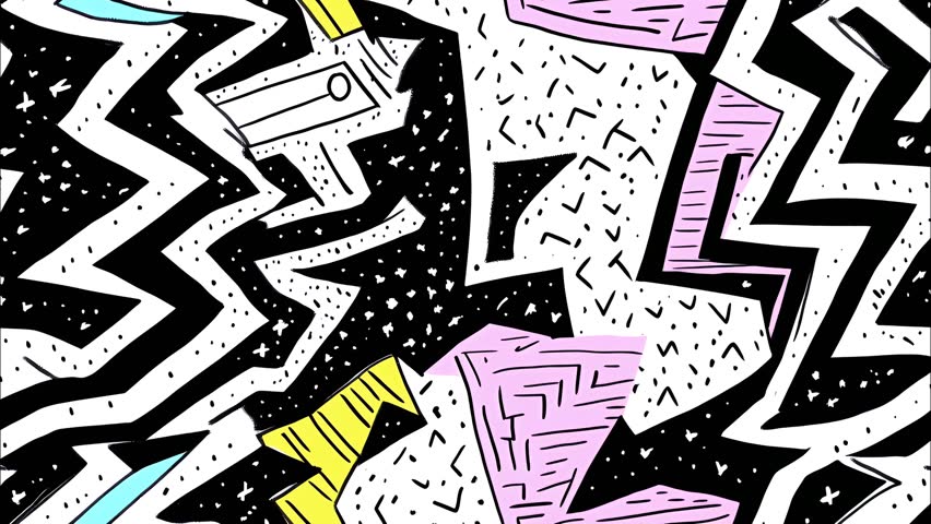90s style cartoon abstract zigzag lines, stars and irregular shapes pattern seamless looped background, black and white line drawing with pink, purple, yellow, and blue. Diagonal motion