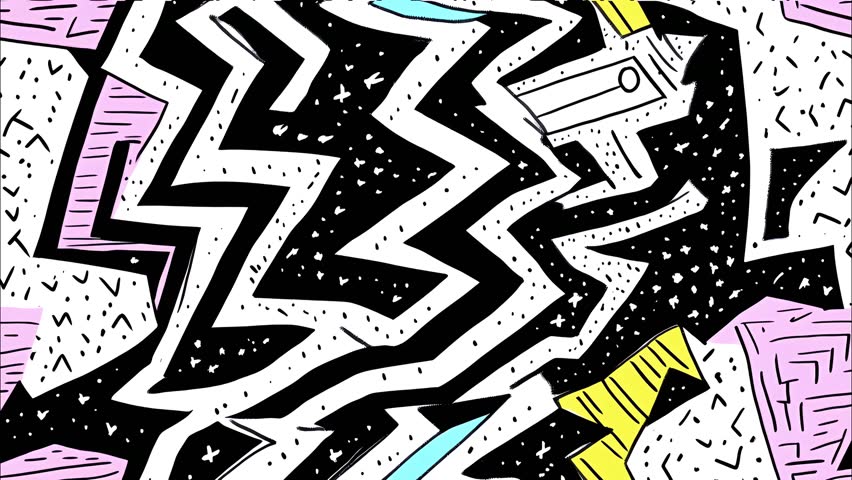 90s style cartoon abstract zigzag lines, stars and irregular shapes pattern seamless looped background, black and white line drawing with pink, purple, yellow, and blue