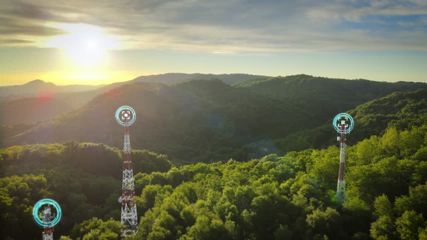 Communication towers in the middle of lush green nature, interconnected by glowing digital lines representing 5G and 6G wireless network coverage. Modern telecommunications connectivity future