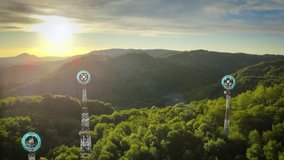 Communication towers in the middle of lush green nature, interconnected by glowing digital lines representing 5G and 6G wireless network coverage. Modern telecommunications connectivity future - Powered by Shutterstock - Get 15% off with code: PIKWIZARD15