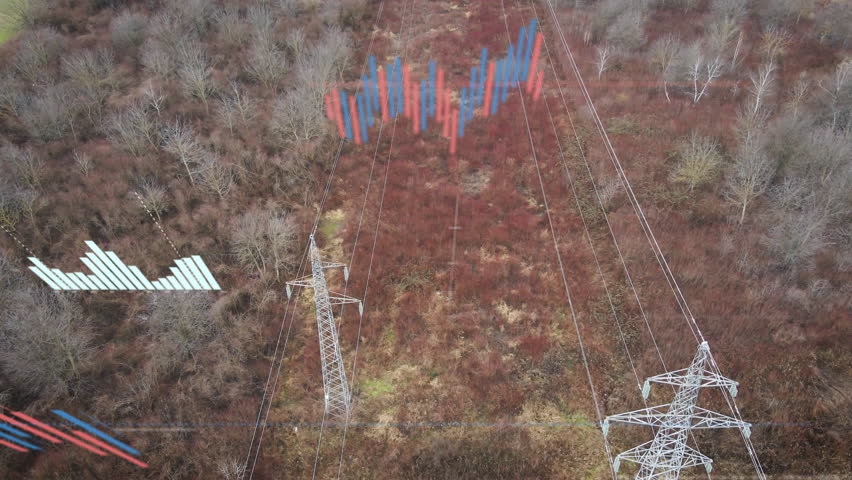 Aerial drone shot flying over power lines and electricity pylons, with digital graphs and data overlays representing rising electricity prices in Europe and worldwide. Energy cost crisis, power supply - Powered by Shutterstock - Get 15% off with code: PIKWIZARD15