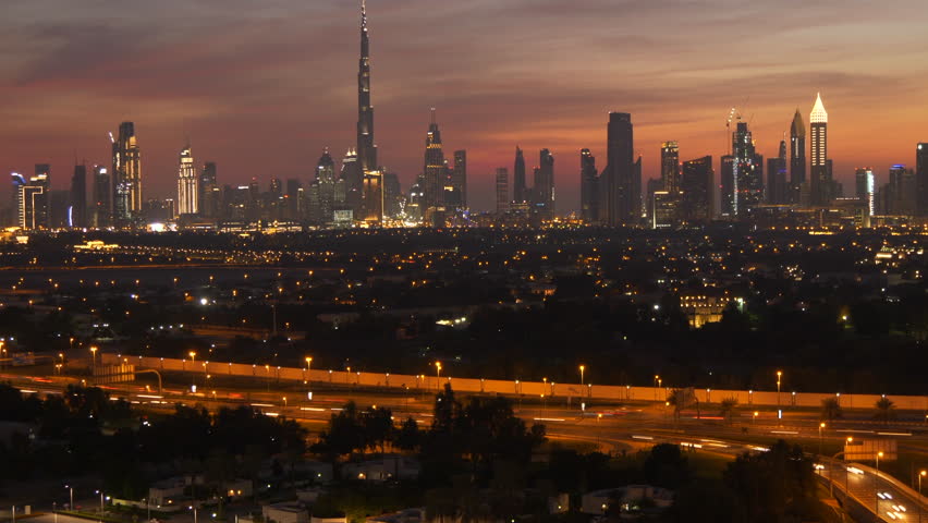 Dubais skyline at dusk with the iconic Burj Khalifa symbolizing the citys modernity and innovation