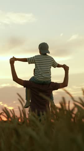 Child son on fathers shoulders. Happy family, dad kid boy. Kid parent run play in nature. Child boy, dad travel on field. Happy son child father are playing in field of ripening wheat. Family holiday