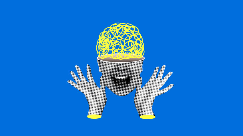 Idea concept. Shining brain inside womans head. Creative thinking in business. Scientific discoveries. Successful learning. Brainstorm. Halftone face. Emotion of surprise. Stop motion animation