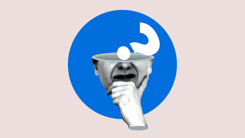 Modern halftone collage with human head and question mark. Problem and solution concept. Puzzled woman. FAQ. Person looking for an answer. Stop motion animation