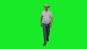Brutal adult man in casual clothes and cowboy hat walking on green chroma key background, 4k pre-keyed footage - Powered by Shutterstock - Get 15% off with code: PIKWIZARD15