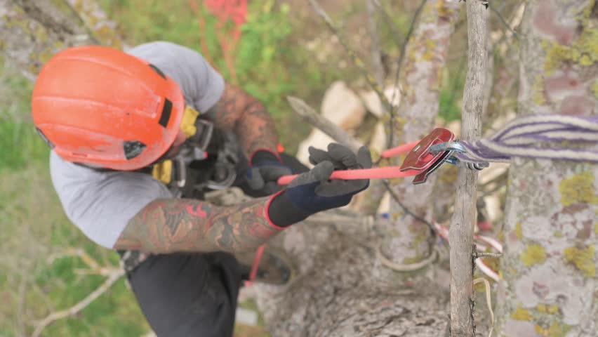 Professional arborist securing rope on tree branch while tree pruning
