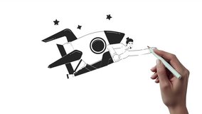 Entrepreneur startup hand drawn whiteboard sketch animation. Business man hero flying with rocket to success 4K video. Startuper ambition, innovation animated handdrawn concept pencil drawing - Powered by Shutterstock - Get 15% off with code: PIKWIZARD15