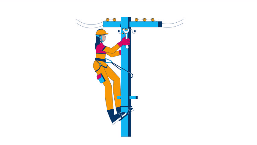 Female electrician repairing utility pole cartoon animation. Electricity maintenance 4K video motion graphic. Power line worker middle eastern woman animated 2D character isolated on white background