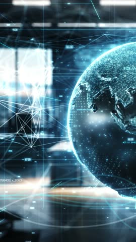 Futuristic digital world connecting global networks, symbolizing innovation and technology in a modern office space