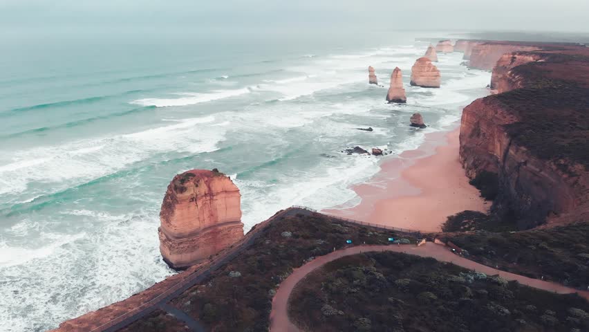 Aerial view of Twelve Apostles from drone, Australia. Collection of limestone stacks. Slow motion