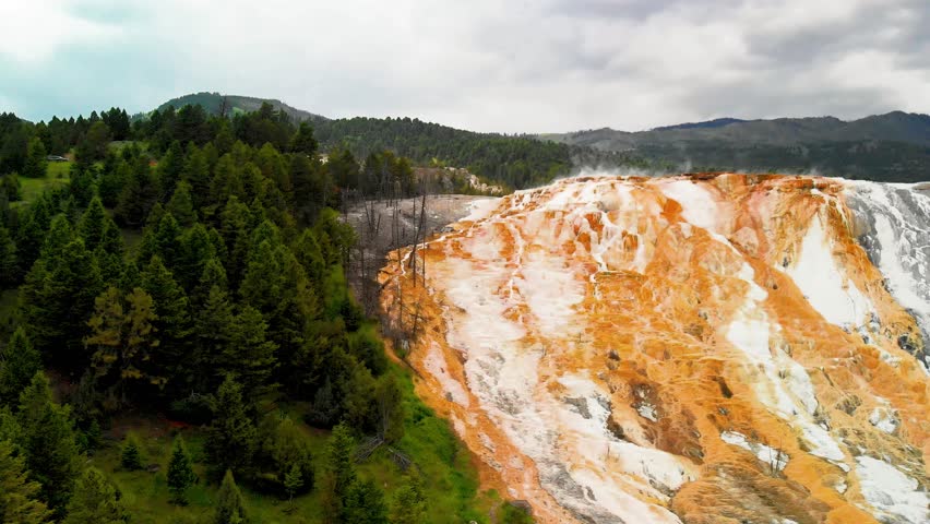 Mammoth Hot Springs is Yellowstone’s only major thermal area located well outside the Caldera, aerial view. Slow motion
