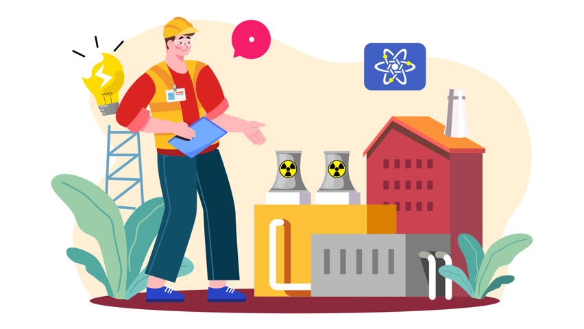 Animated video of an engineer in full attire holding a book, with a factory in the background. Perfect for industrial, engineering, manufacturing, and professional workplace themes.