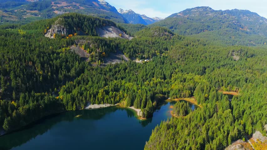 Aerial view of Lucille Lake and mountains around, near Whistler. Canada