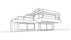 Self drawing animation of modern flat roof house drawn by continuous line. Animated minimalist commercial building black one line sketch. - Powered by Shutterstock - Get 15% off with code: PIKWIZARD15