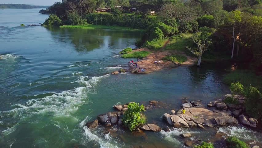 Aerial drone shot of the River Nile in Uganda, Africa, showcasing the river