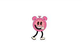 Groovy Retro Cartoon Alarm clock Character, walking in a seamless loop animation. Transparent background for easy use in designs and overlays - Powered by Shutterstock - Get 15% off with code: PIKWIZARD15